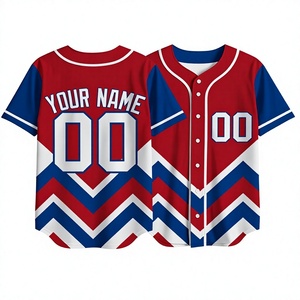 Maillot de baseball personnalisé par sublimation – Nom et numéro personnalisables – Rouge, bleu, blanc – Chevron, zigzag – Uniforme d'équipe entièrement boutonné – Softball – Entier - Product Image 1