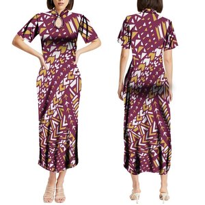 Personalizado verano cuello mandarín <span class=keywords><strong>manga</strong></span> corta Slim Fit vestido largo mujeres elegante gris negro polinesio <span class=keywords><strong>tatuaje</strong></span> estampado vestidos casuales - Product Image 4