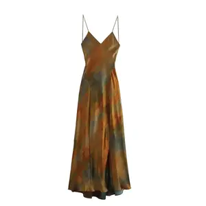 ZA-Tie dye multi color spaghetti strap back hollow out casual fashion women satin long slip dress