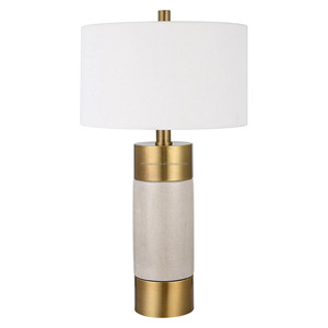 Cream Shagreen & Brass Cylinder Modern Luxury Table <b>Lamp</b> | Sleek Glam Lighting for Resort Hotel & Home - Product Image 1
