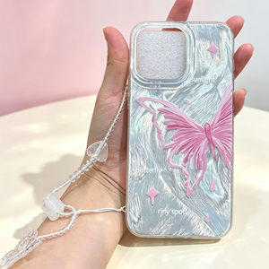 Cover per <span class=keywords><strong>iPhone</strong></span> con Effetto Acqua Laser, Motivo Farfalla e Fiocco, Antiurto, con Cinturino da Polso con Perle, Stile Ins - Product Image 3