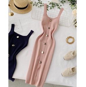 Abito estivo alla moda da donna abito in <span class=keywords><strong>maglia</strong></span> <span class=keywords><strong>con</strong></span> bottone senza maniche <span class=keywords><strong>con</strong></span> collo quadrato all'americana - Product Image 1