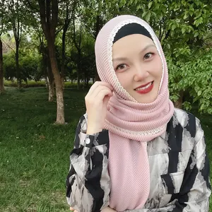 Foulard hijab en coton plissé en dentelle, nouveau design musulman exclusif, fournisseur de châles