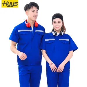 Seragam keselamatan kerja uniseks, baju seragam kerja tahan lama, overall seragam pabrik, baju scrub lengan pendek musim panas