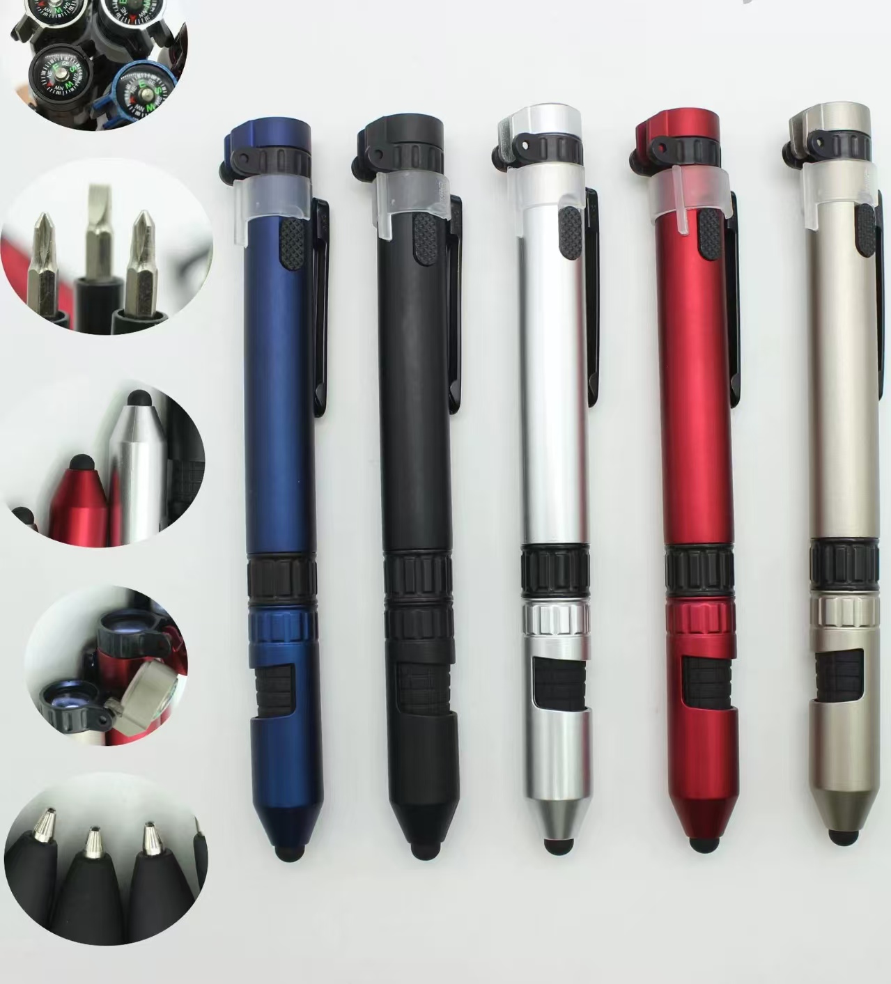 Multi Function 6 in 1 Phone Holder Stylus Compass LED Light TOOL Pen with Custom logo