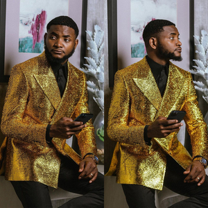 Completo Uomo in <span class=keywords><strong>Oro</strong></span> 2 Pezzi Blazer Pantaloni Neri Monopetto Slim Fit Formale per Affari Matrimonio Sposo Costume Homme - Product Image 2