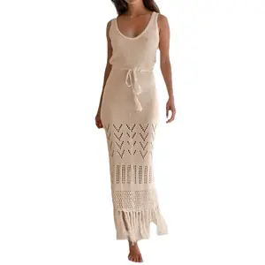 Женские летние ажурные длинные пляжные платья без рукавов с разрезом