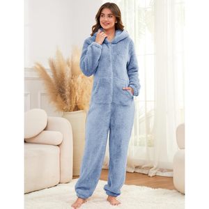 Womens Fleece Onesie Pajamas With <b>Teddy</b> Ears Zipper Hooded Long Sleeve Cozy Sleepwear Winter Warm Fuzzy One Piece Romper - Product Image 4