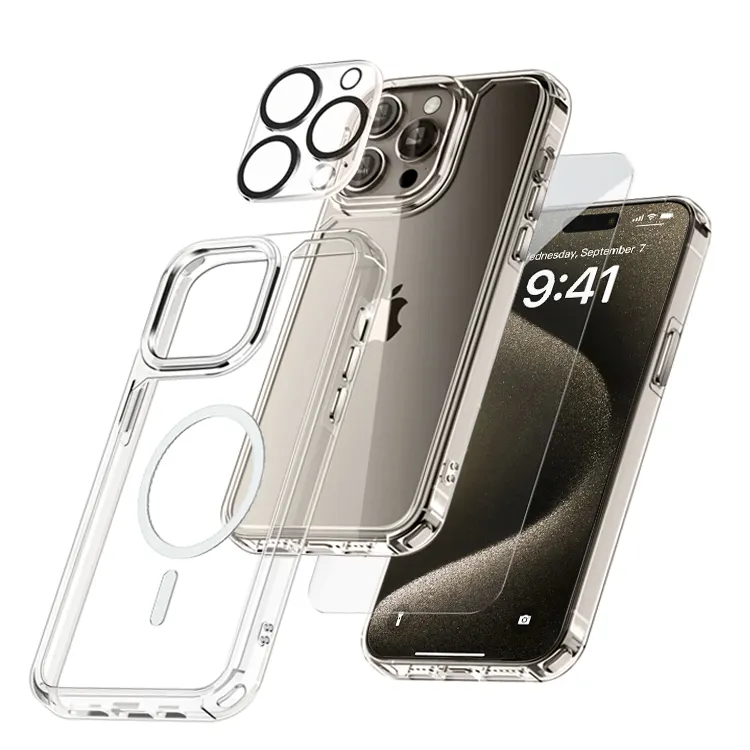 3 In 1 Magnetisch Telefoonhoesje Met 9H Gehard Glas Schermbeschermer En Camera Lensbeschermer Voor Iphone 15 14 13 Pro Max