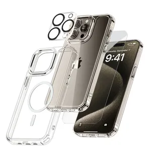 Casing ponsel magnetik 3 dalam 1, pelindung layar kaca Tempered 9H dan pelindung lensa kamera untuk Iphone 15 14 13 Pro Max