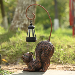 정원 조각 장식 정원 마당 파티오 장식 야외 입상 태양 랜턴과 수지 청동 고양이 동상 - Product Image 2