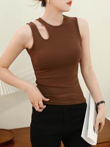 Femmes Crop Top Street Fashion Slim Fit Cou Irrégulier Creux Conception Solide Couleur Débardeur Manches Style pour Utilisation en Club Avec Impression - Product Image 2