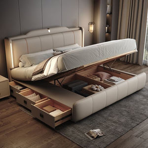 מסגרת מיטה מפוארת ומודרנית בגודל קינג סייז, רכה, מעור, עשויה מעץ מלא, מיטת קווין עם אחסון לריהוט חדר שינה, מיטת מלון עם תאורה - Product Image 4