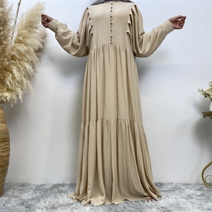 6633 #   Vestido Casual Musulmán de Gasa Burbuja de Color Sólido con Muchas Capas, Mangas Plisadas, Botones Delanteros y Falda Amplia, 6 Colores - Product Image 2