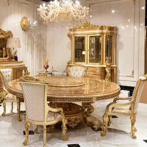 Royal meja makan Set meja makan emas, furnitur mewah meja makan kayu bulat dengan 6 kursi
