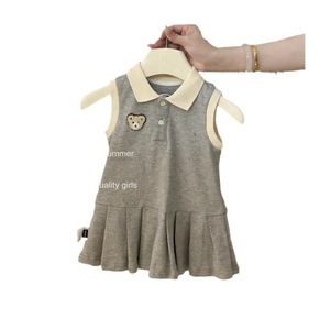 Child Star Circle Girls Sleeveless Polo Dress Gray Bear Patch Summer Breathable School Style Dress For Kids - Product Image 5
