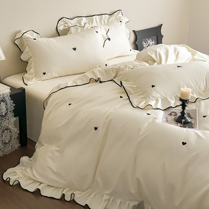 French Princess Style Cotton <b>Bedding</b> <b>Set</b> 4 Piece White Heart Embroidered Duvet Cover <b>Set</b> Breathable Home Use - Product Image 1
