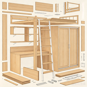 Modern <strong>Loft</strong> <strong>Bed</strong> with Built-in Desk and Wardrobe Solid Wood High Sleeper <strong>Bed</strong> with Bookshelves for Students and Teenagers - Product Image 6