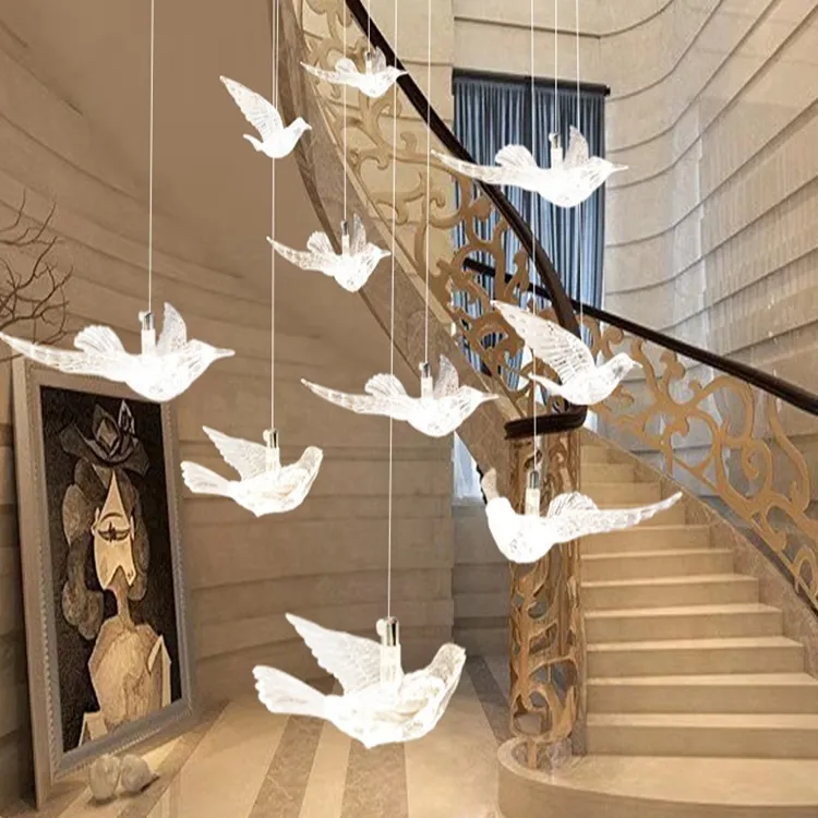 Acrylic Metal Bird Shaped Hanging Lamp Decorative Stair Indoor Modern Chandelier Pendant Lamp