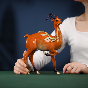 Auspicious Deer Colored Bronze Figurine Brass Home Office <b>Desk</b> Decor Traditional Design Foliage Pattern - Product Image 4