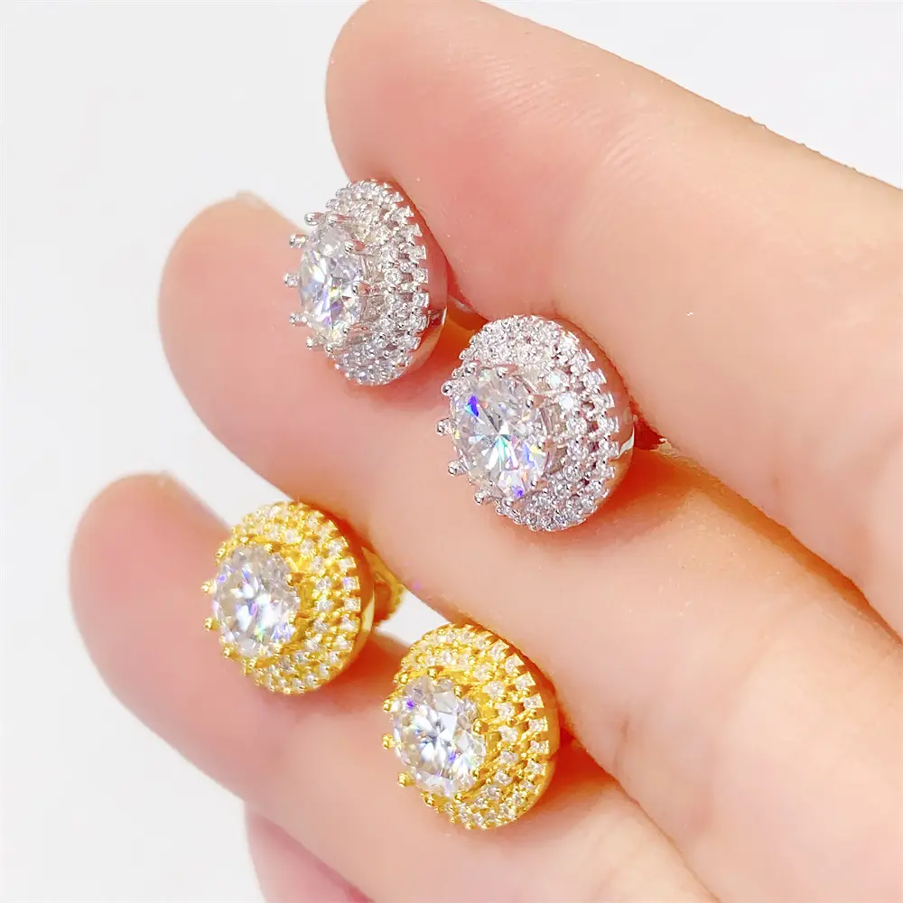 Vòng 925 Sterling Bạc 6.5mm Bling vvs Vòng moissanite kim cương Claw thiết lập Vàng đĩa Stud Bông tai