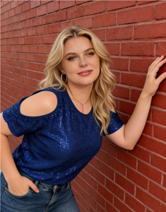 Women's Plus Size Solid <b>Royal</b> <b>Blue</b> Sequin Casual Summer Cold Shoulder Top Loose Crew Neck Short Sleeve Party Blouse - Product Image 1
