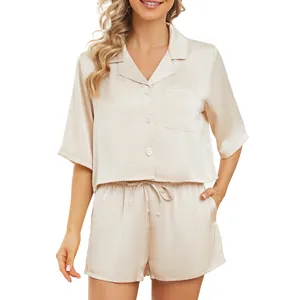 Mqf Phụ Nữ Tre Viscose Lụa Pajama Quần Short Set, 5-Inch Tay Áo Đồ Ngủ Mềm Nút Xuống Satin Ngủ Pjs Set 2 Mảnh