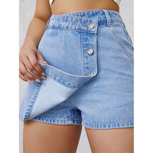 Vente en gros de shorts en <span class=keywords><strong>jean</strong></span> personnalisés coupe ajustée irrégulière enveloppée à la hanche shorts pour femmes à la mode shorts décontractés à boutons pour femmes - Product Image 5