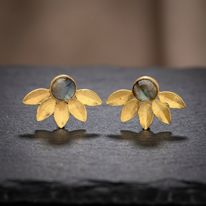 Matte Gold Labradorite Lotus Fan <b>Stud</b> Earrings Gemstone Bezel Layered Petal Leaf 24K Gold Plated Brass Ethnic - Product Image 2