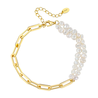 Bracelet double pour femme en argent 925 plaqué or fait main, chaînes en forme de trombone, perles de culture d'eau douce blanches de qualité AAAA