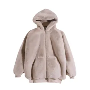 Lose Plüsch-Fleece mantel im koreanischen Stil Winter imitation für Frauen Rex Kaninchen fell mittellang neuer verdickter Kapuzen mantel