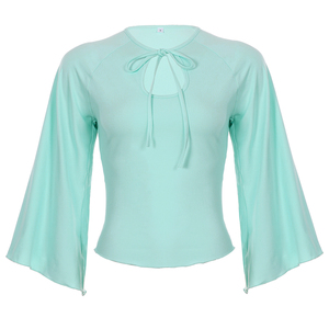 Blusa Corta de Mujer con Mangas Acampanadas y Cordones, Detalle de Malla Transparente, Lazo Frontal, Ajuste Ceñido, Manga Larga, Elegante, Sexy, Casual - Product Image 6