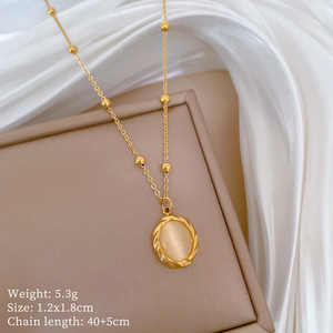 Collier pendentif ovale en pierre avec chaîne à billes en acier inoxydable de style rétro HY <span class=keywords><strong>France</strong></span>, plaqué or, collier géométrique en cristal circulaire - Product Image 4