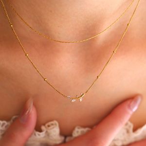 Minimalist 18K Gold Plated Stainless Steel Double Chain <strong>Necklace</strong> Trendy <strong>Olive</strong> <strong>Leaf</strong> Zircon Pendant Anti-Allergy Beaded Parties - Product Image 2
