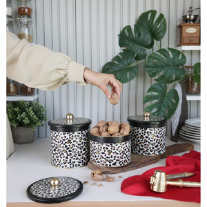 Round <b>Metal</b> <b>Tin</b> Canister Set Dia 140 mm ( 3Pcs) Gold Leopard Print Pattern Leo Design - Product Image 3