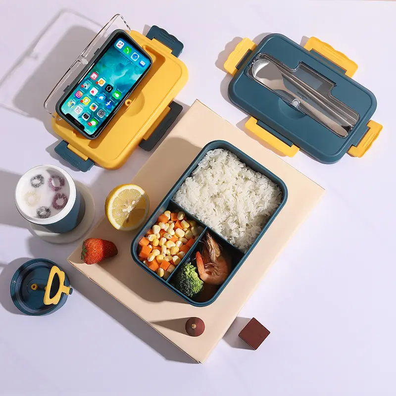 Sıcak satış plastik çatal bıçak takımı ile yemek kabı mikrodalgada bento yemek kabı seti