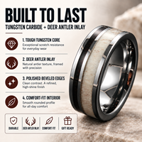 Bague de mariage personnalisée en carbure de tungstène noir de 8 mm pour homme avec incrustation en bois de cerf naturel, bord biseauté poli miroir, ajustement confortable pour femme