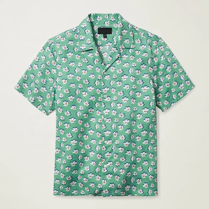 Pola Logo Kustom 100% Polyester Streetwear Bordir Sublimasi Dicetak Cepat Kering Bunga Pantai Kemeja Hawaii