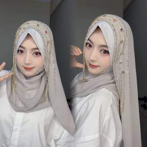 Zifeng OEM nuevo estilo de moda musulmán Oriente Medio borla Mossam piedra industria pesada cadena cristal gasa Hijab - Product Image 4