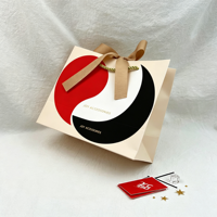 Sac de shopping en papier kraft beige crème recyclé de luxe avec votre propre logo, ruban et nœud pour emballage cadeau, impression personnalisée