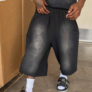 Shorts d'été en coton molletonné brut French Terry personnalisés, noirs délavés, vente en gros - Product Image 2