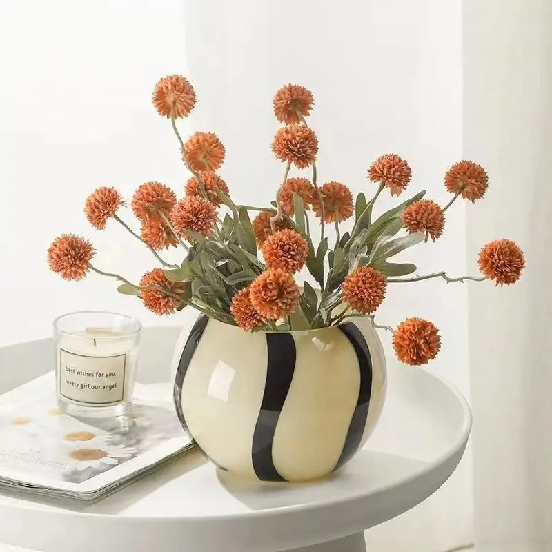Florero de cristal Retro moderno, florero de porcelana brillante con pintura de rayas para la decoración de la sala de estar