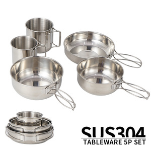 Ensemble de tasses et de bols en acier inoxydable 304, 5 pièces, portable, pour camping en plein air, randonnée, pique-nique, voyage, pêche, vaisselle - Product Image 4
