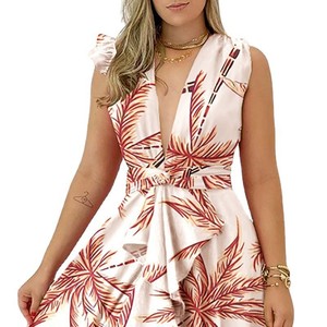 Vestido Casual con Estampado de Palmeras, Cuello en V Profundo, Cintura Alta, Asimétrico, Transpirable, para el Verano - Product Image 5