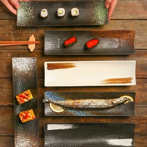 Plato de Sushi japonés con forma de barco de cerámica para restaurante, platos de Sashimi de hoja de estilo Retro, plato de servicio largo, vajilla - Product Image 3