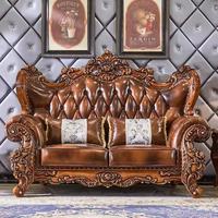 Ensemble de canapés en chêne de style européen 1+2+3, design sculpté en bois massif, grande taille, pour salon de villa, mobilier haut de gamme de style américain, quatre places