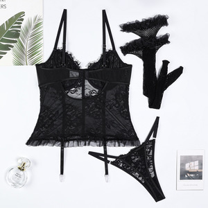 Conjunto de Lencería de Encaje Bordado Transparente, Conjunto Sexy de Sujetador con Tirantes y Bragas con Medias de Red - Product Image 6