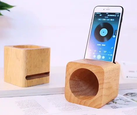 Soporte para Micro altavoz de madera, soporte para tableta con logotipo personalizado, soporte para teléfono de bambú, venta al por mayor