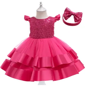 European Style Shiny Princess girl party dresses with headwear Fluffy Mesh baby girl birthday dresses oneyear old baptism d