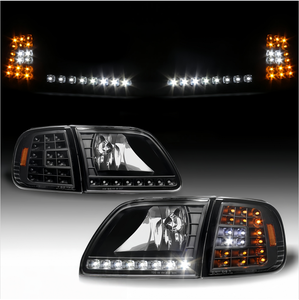 Par de Faros Delanteros LED DRL para <span class=keywords><strong>Ford</strong></span> F150 <span class=keywords><strong>Expedition</strong></span> 1997-2003, Carcasa Negra, Señal de Giro, Repuesto de Faros - Product Image 2